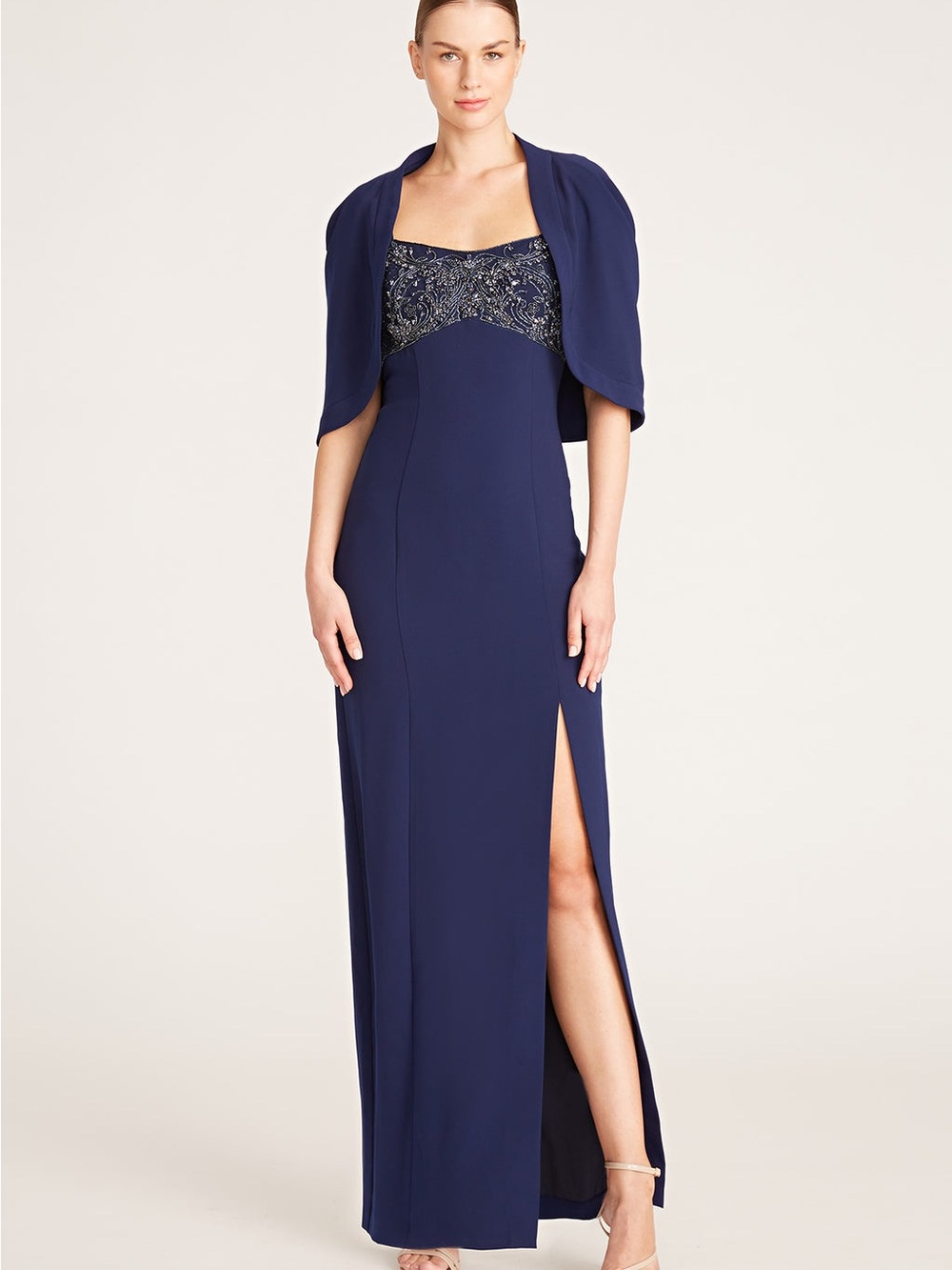Theia Brigitta Capelet Column Gown Navy Size 4 NWT